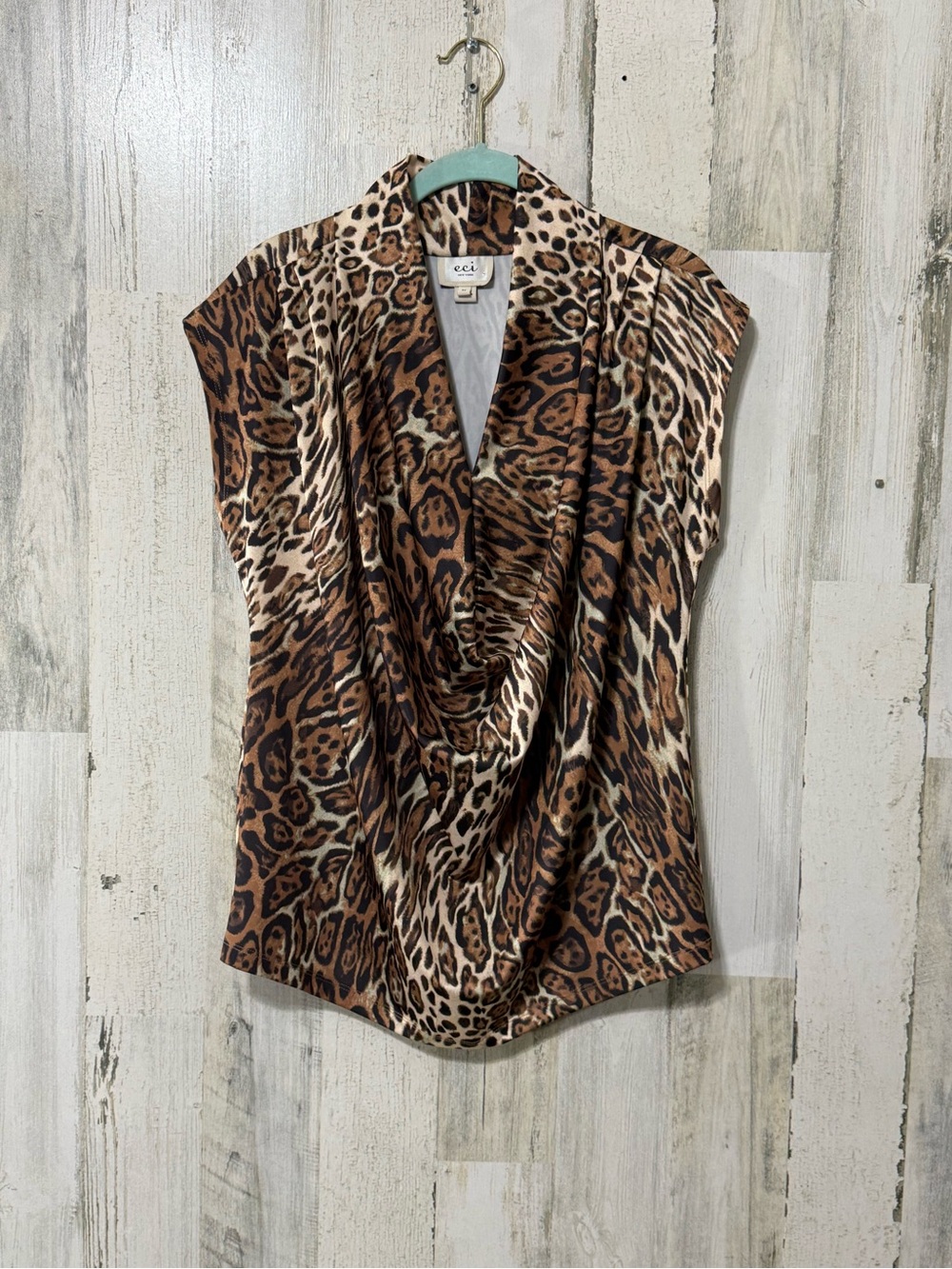 ECI Brown Leopard Print Draped Cowl Neck Sleeveless Top